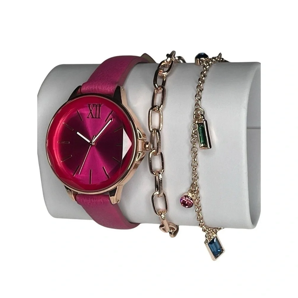 NIB Pink Gold Tone Watch Bracelet 3pc Set  Faux Leather Elegant Fashion Stylish